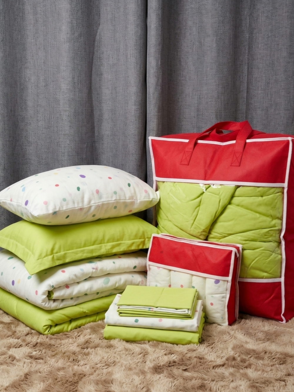 7/7 S. King Size Green & White Polka Dot Duvet Bedding Set - Premium Comfort